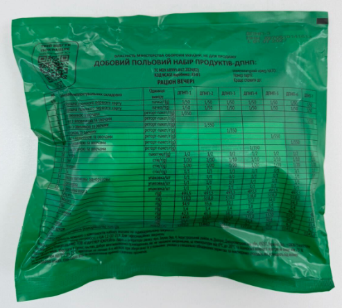 Пайки сухі, норма №15, добовий польовий набір продуктів, раціон вечері